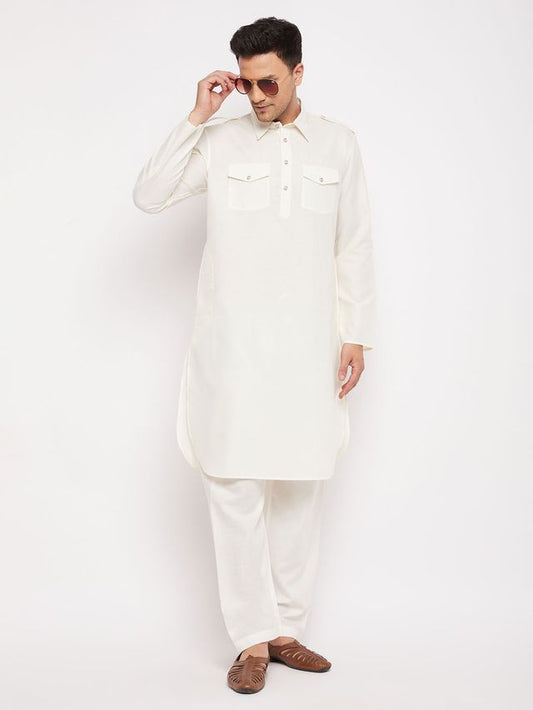 Men's Cream Cotton Blend Pathani Pathani Kurta Set