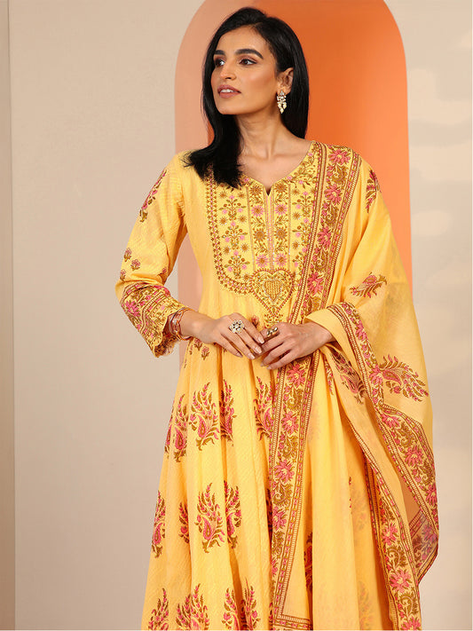 Womens Yellow Printed Cotton Anarkali Kurta With Trousers & Dupatta