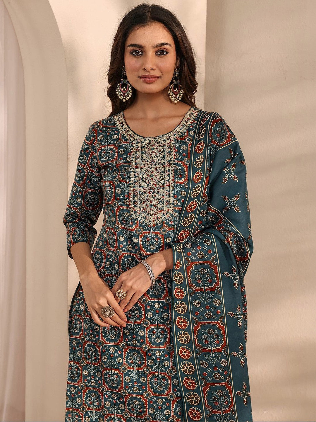 Libas Teal Ajrak Printed Straight Suit Set with Dupatta