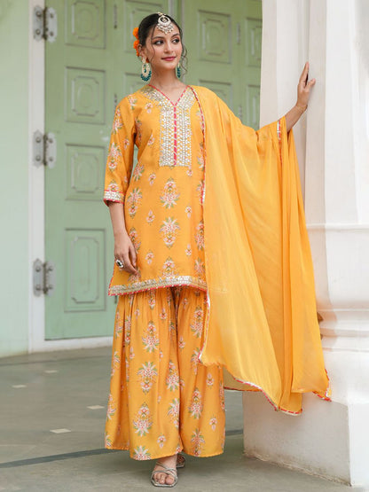 Dhiyona SC Women Mustard Chanderi Silk Floral Printed Sharara Set
