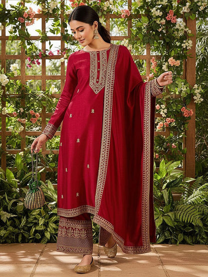 Dhiyona KL Floral Embroidered Round Neck Straight Kurta With Palazzos & Dupatta