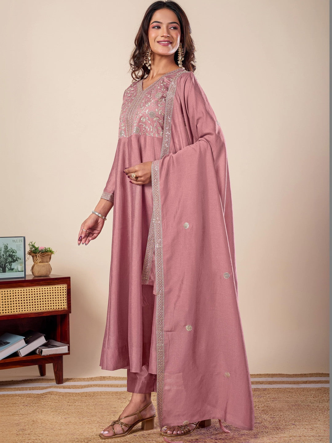 Women Ethnic Motifs Embroidered Empire Kurta with Trousers & With Dupatta