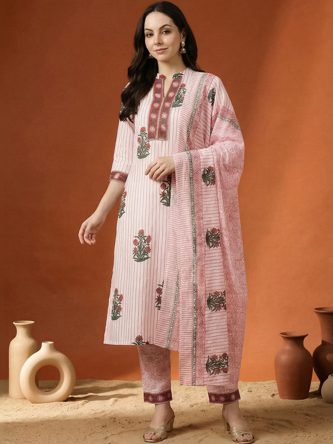 Women Printed Regular Pure Cotton Kurta with Trousers & With Dupatta