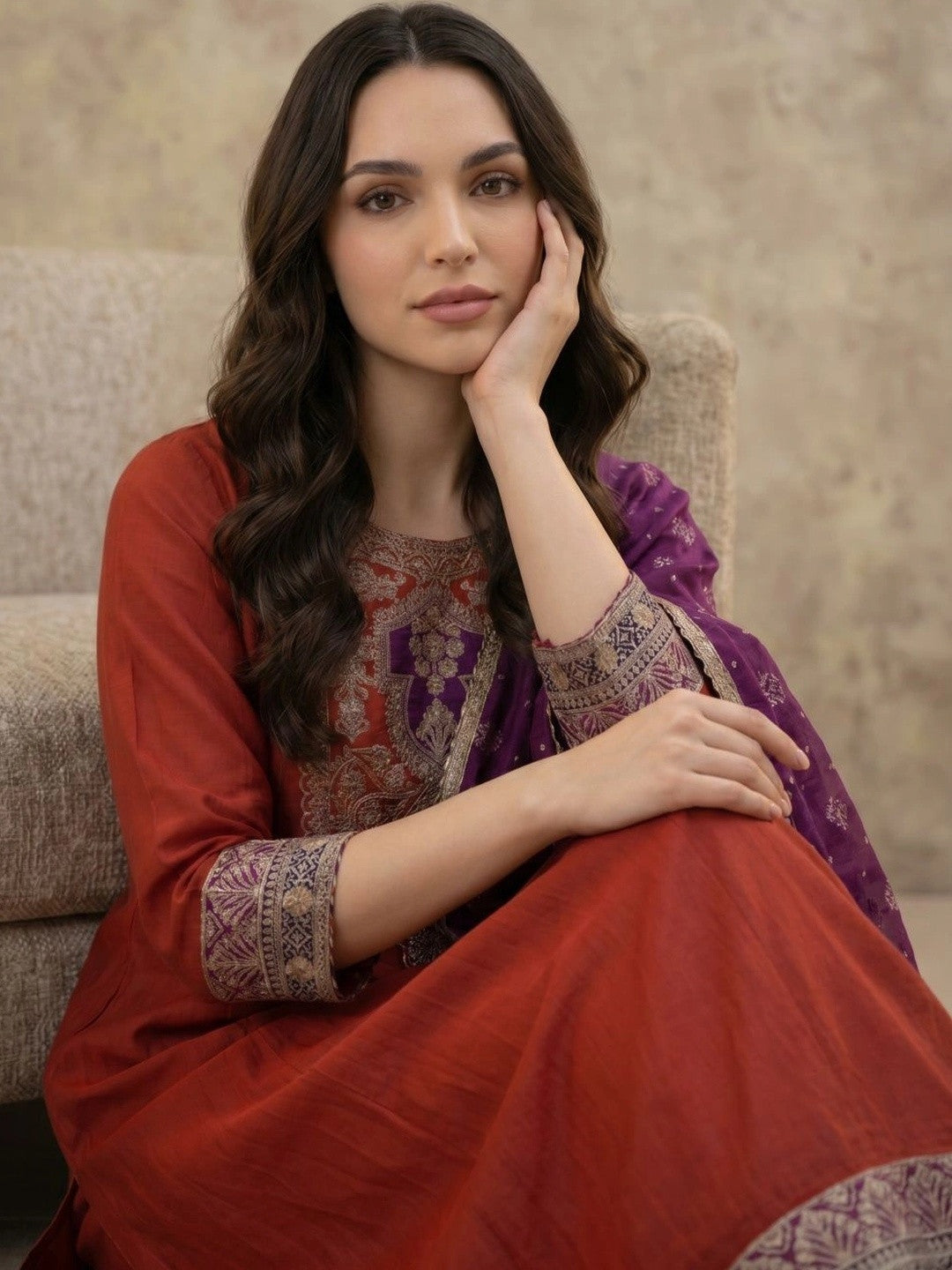Women Ethnic Motifs Embroidered Regular Thread Work Kurta with Trousers & With Dupatta