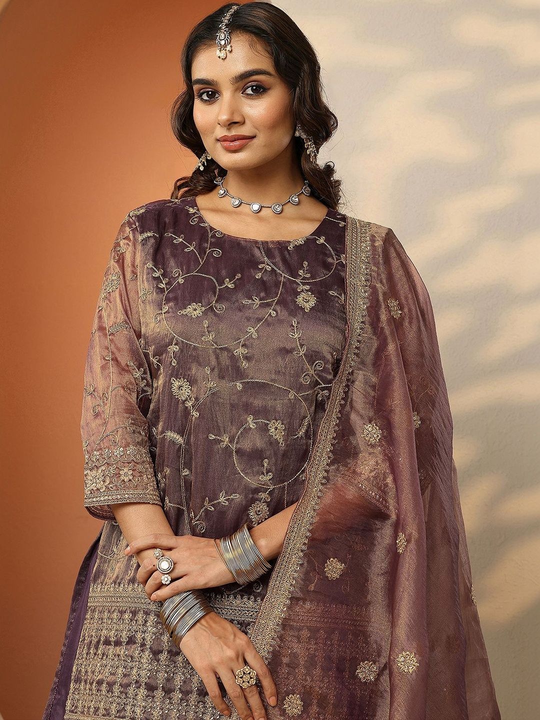 Dhiyona LL Women Ethnic Motifs Embroidered Regular Thread Work Kurta with Palazzos & With Dupatta
