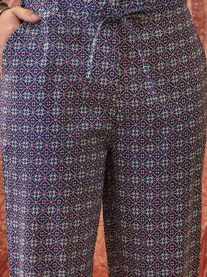 Printed Pure Cotton Mandarin Collar Kurta & Trousers Kurta Sets