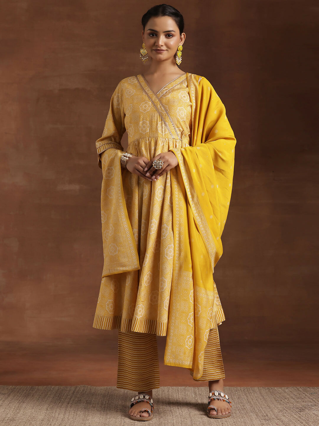 Women's LB Yellow Printed Silk Blend Anarkali Suit With Dupatta