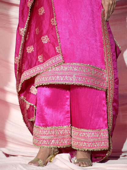 Dhiyona SN Floral Yoke Design V-Neck Sequinned Satin Kurta With Palazzos & Dupatta