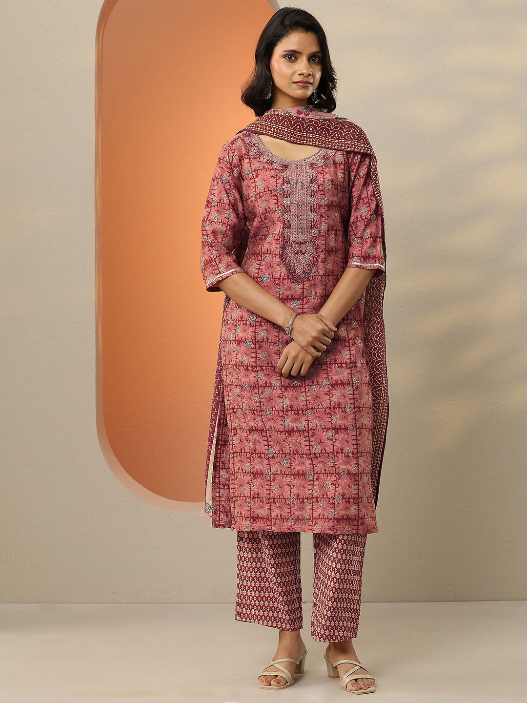 Maroon Ethnic Motifs Printed Mirror Work Straight Kurta With Palazzos & Dupatta