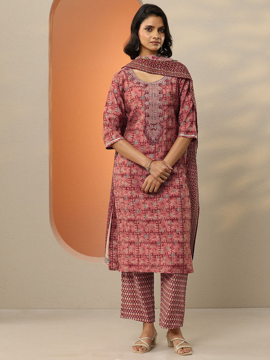 Maroon Ethnic Motifs Printed Mirror Work Straight Kurta With Palazzos & Dupatta