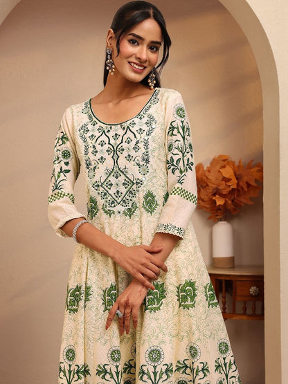 Cream Floral Printed Cotton Anarkali Suit Set