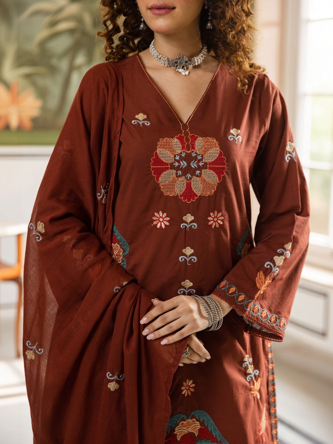 Embroidered Pure Cotton V-Neck Kurta Trousers & Dupatta