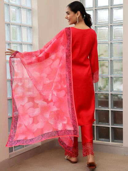 Women's LB Red Yoke Design Silk Blend Straight Suit With Dupatta