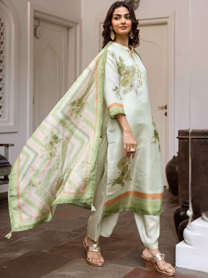 Dhiyona KL Floral Printed Straight Kantha Work Chanderi Silk Kurta With Palazzos And Dupatta