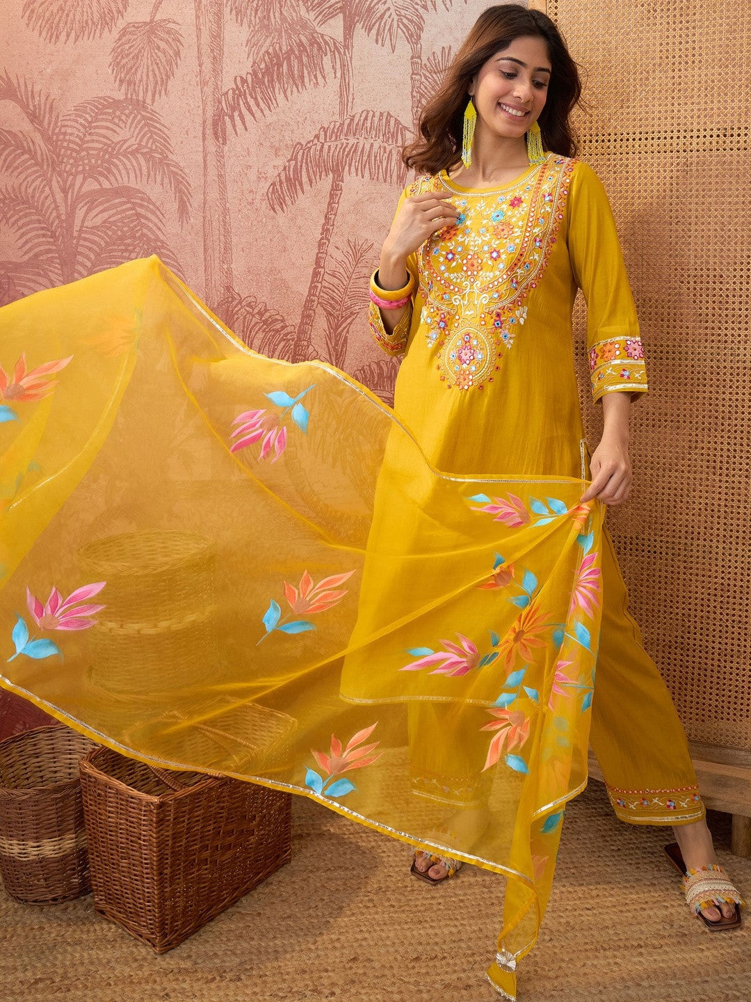Embroidered Silk Blend Round Neck Kurta & Trousers With Dupatta