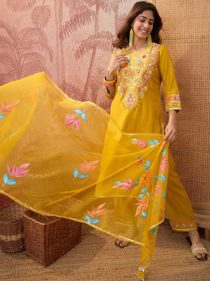 Embroidered Silk Blend Round Neck Kurta & Trousers With Dupatta