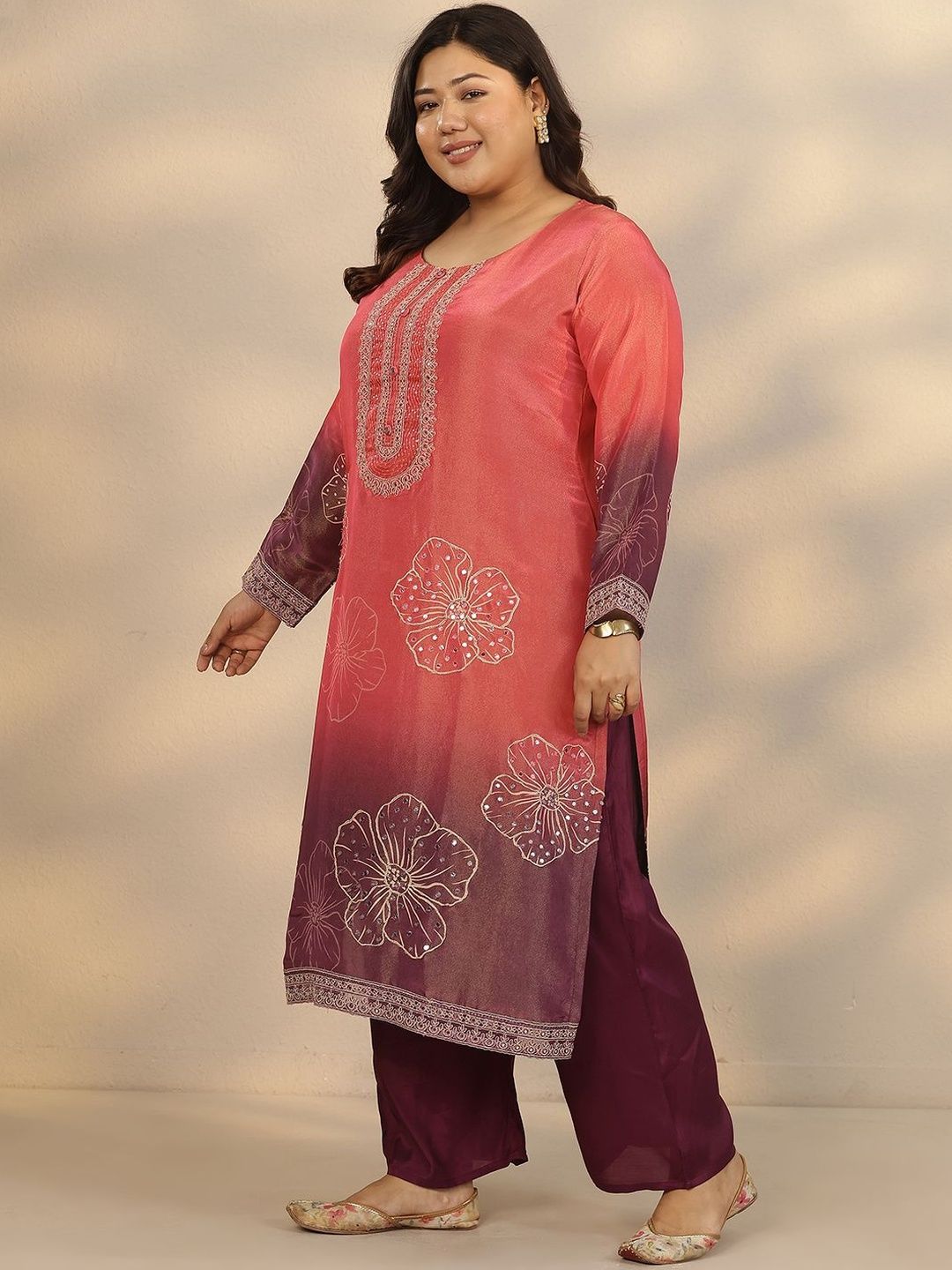 Dhiyona Women's Plus Size Floral Printed Kurta with Trousers & Dupatta