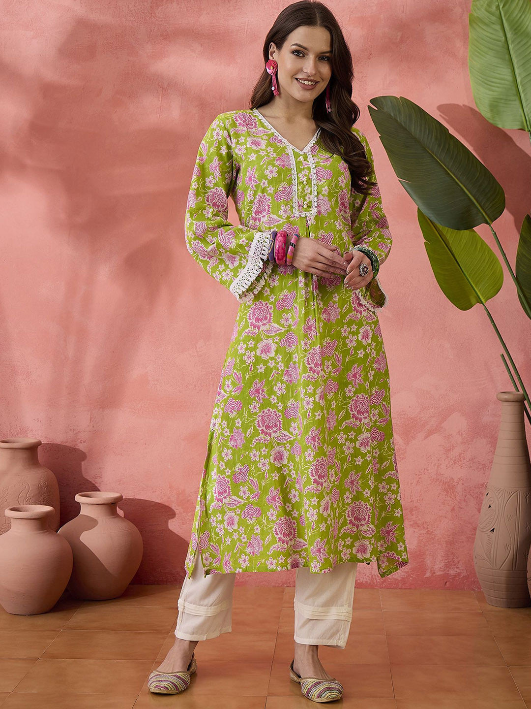 Floral Printed Cotton V-Neck Straight Kurta With Trouser