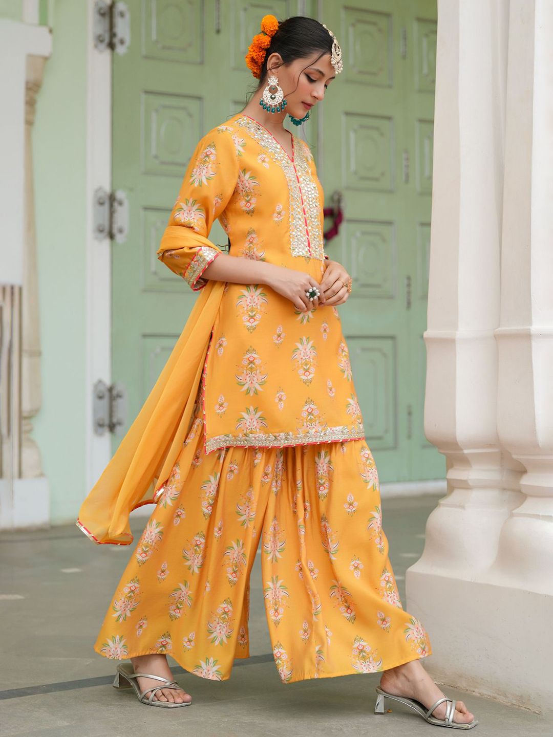 Dhiyona SC Women Mustard Chanderi Silk Floral Printed Sharara Set