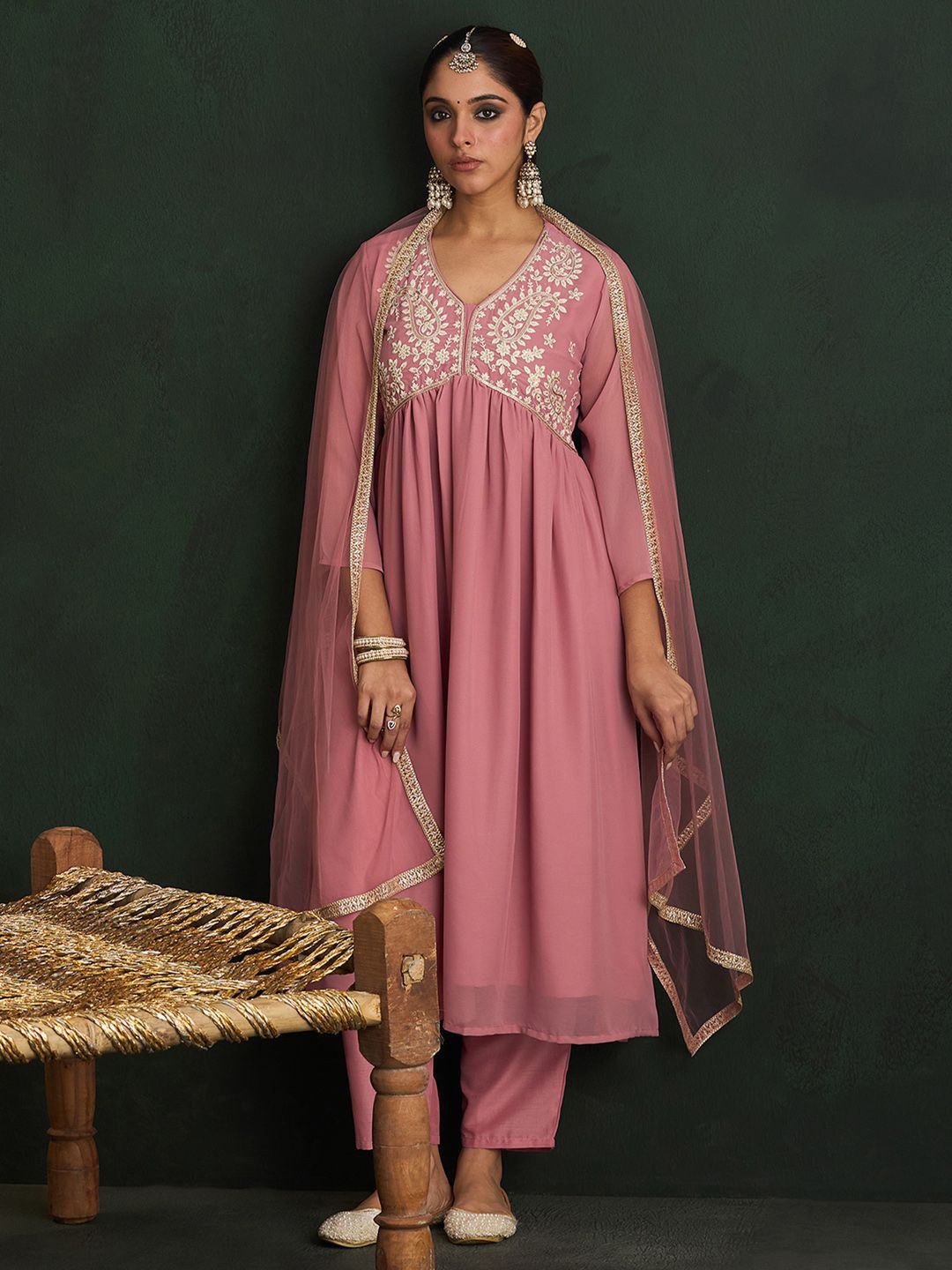 Dhiyona IE Mauve Paisley Embroidered V-Neck Georgette A-Line Kurta with Trousers & Dupatta