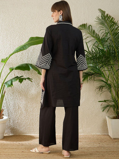 Embroidered Thread Work Pure Cotton A Line Kurta With Trousers