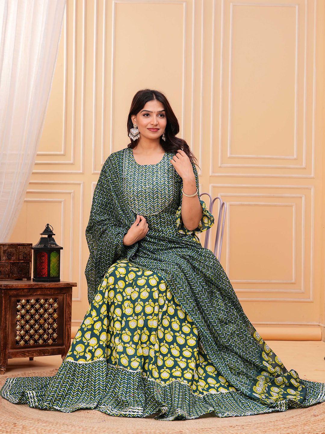 Dhiyona KL Women Ethnic Motifs Printed Cotton A-Line Kurti with Skirt & Dupatta
