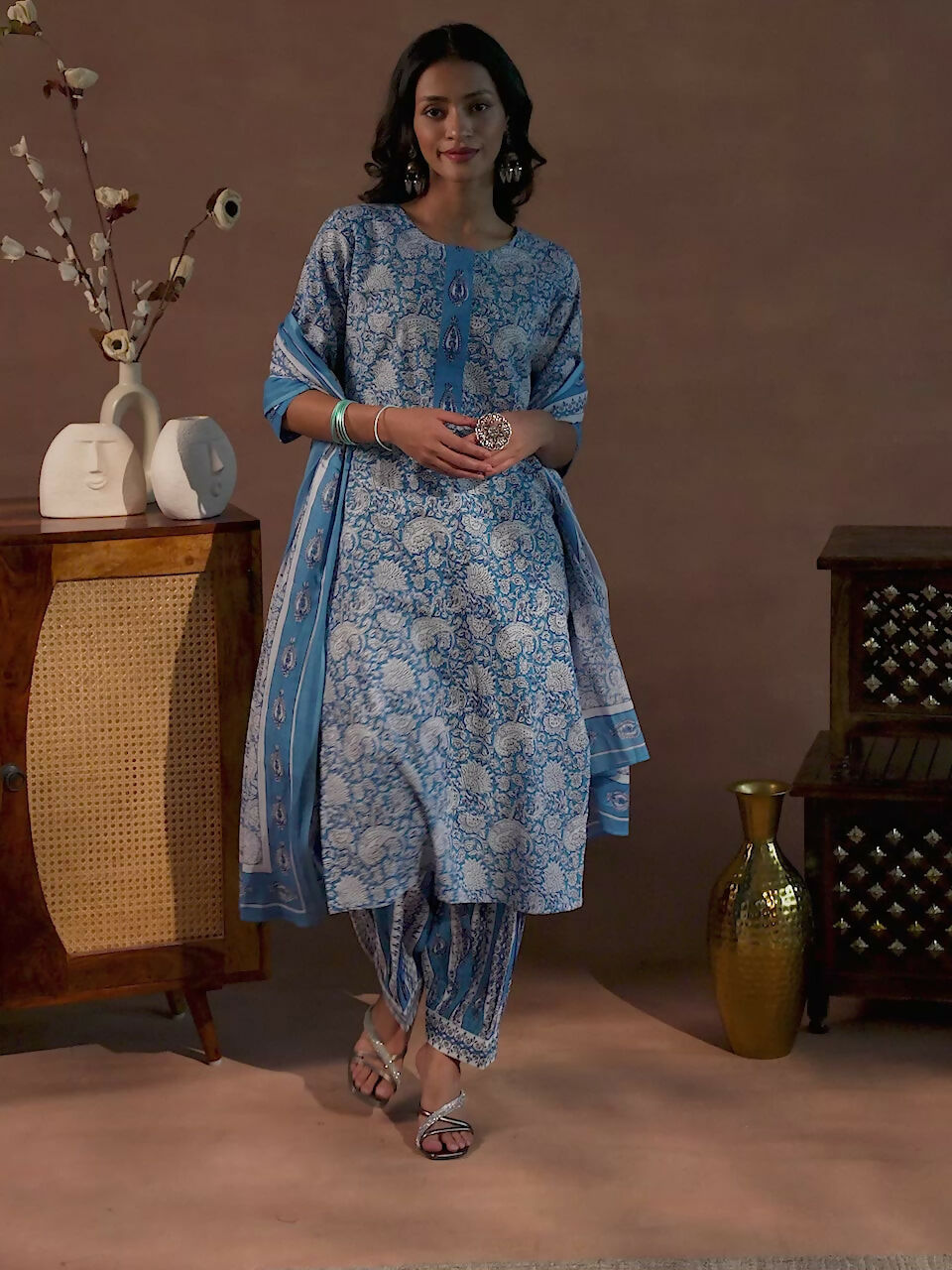 Women's LB Blue Printed Cotton Straight Suit With Dupatta