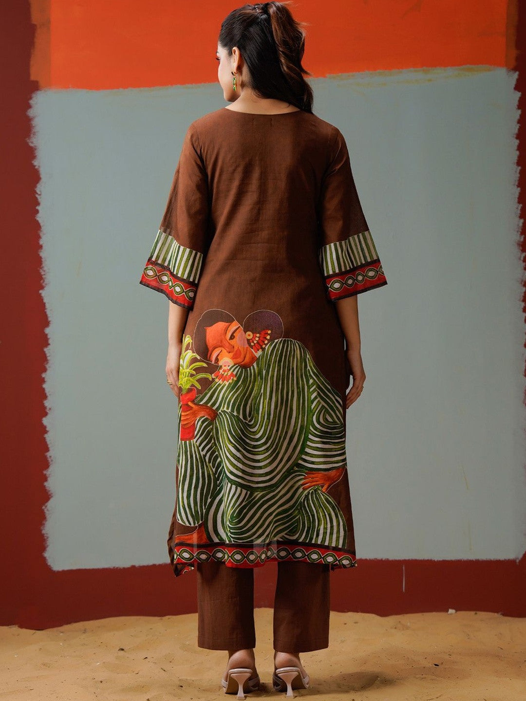 Brown Printed A-line Kurta Trousers Set