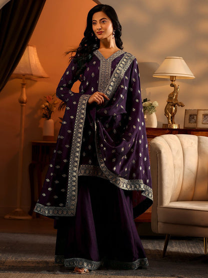 Dhiyona LL Ethnic Motifs Embroidered Sequnnied Straight Kurta With Sharara & Dupatta
