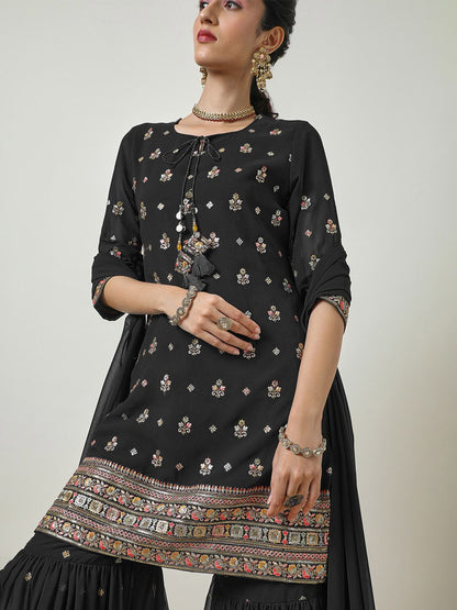 Dhiyona SO Women's Women Floral Regular Thread Work Kurta with Sharara & With Dupatta