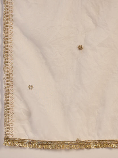 Floral Embroidered Zari Round Neck Kurta With Pant And Dupatta