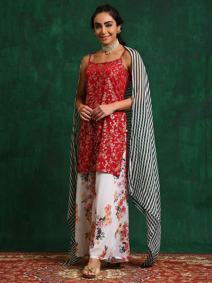 Dhiyona SN Red & White Floral Printed Zari Georgette Straight Kurta With Palazzo & Dupatta
