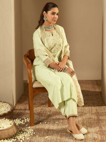 Women's Sea Green Embroidered Straight Kurta Trousers With Dupatta set