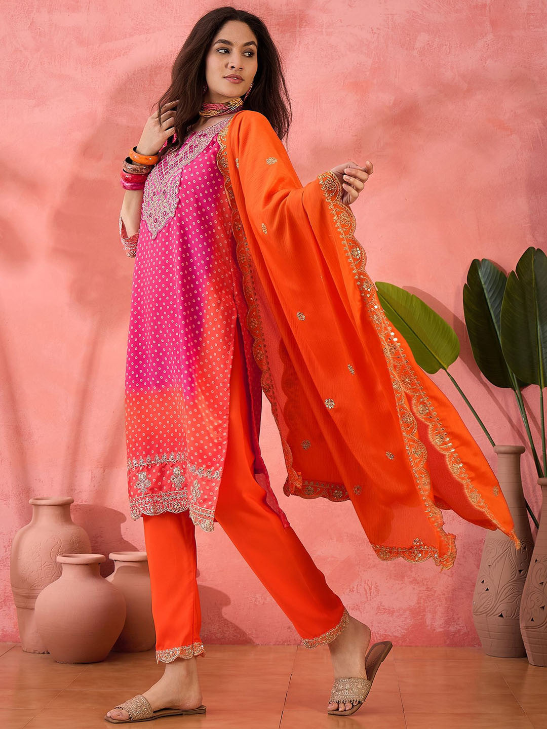 Bandhani Embroidered Round Neck Straight Kurta With Trousers & Dupatta