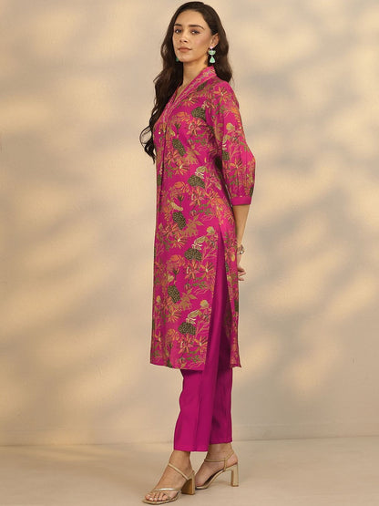 Floral Printed V-Neck Straight Kurta With Trousers & Dupatta