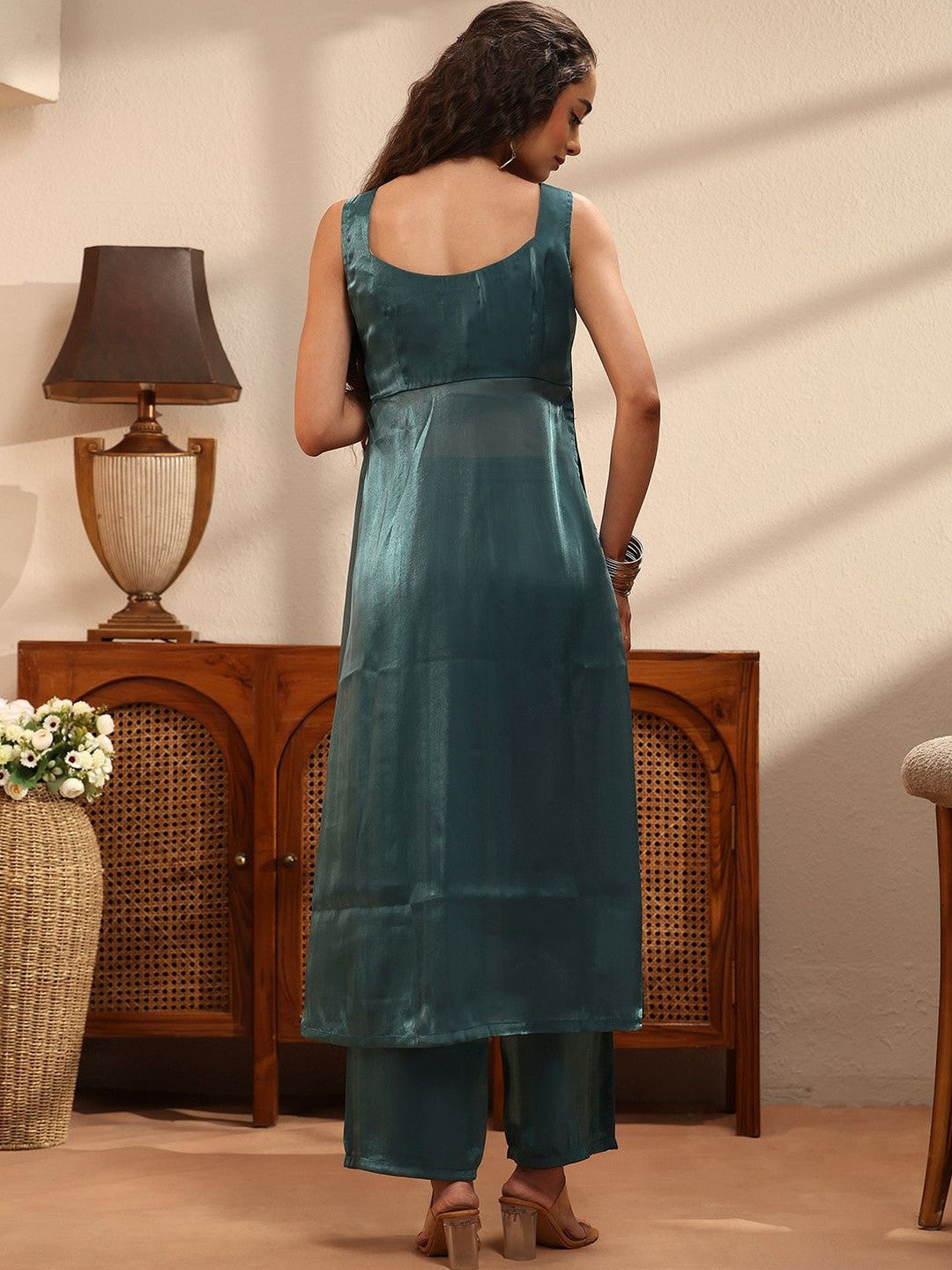Libas Teal Solid Tissue Front Slit A-Line Kurta Set