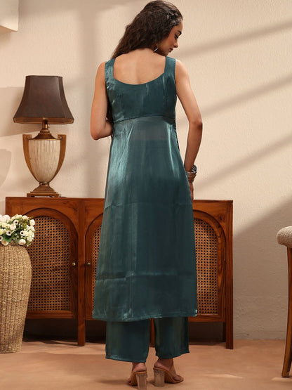 Libas Teal Solid Tissue Front Slit A-Line Kurta Set