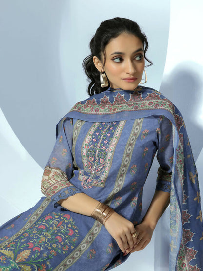 Women's LB Blue Printed Linen Straight Suit With Dupatta