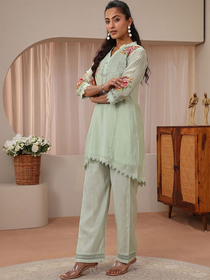 Green Floral Embroidered A-Line Kurta Set