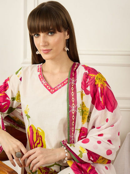 Women Floral Printed Regular Pure Cotton Kurta with Trousers & With Dupatta