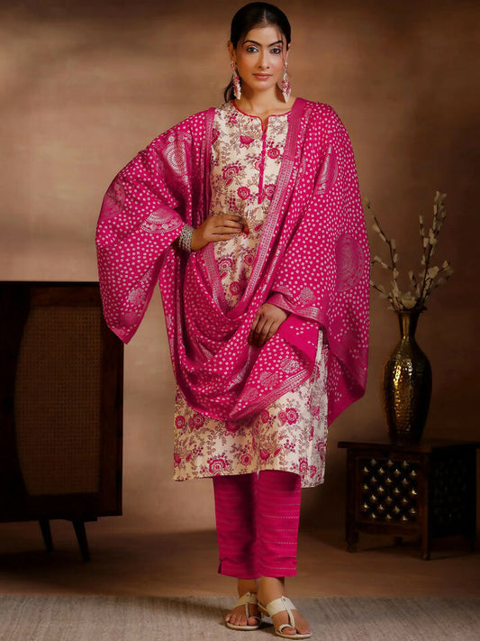 Women's LB Pink Printed Silk Blend Straight Suits With Dupatta