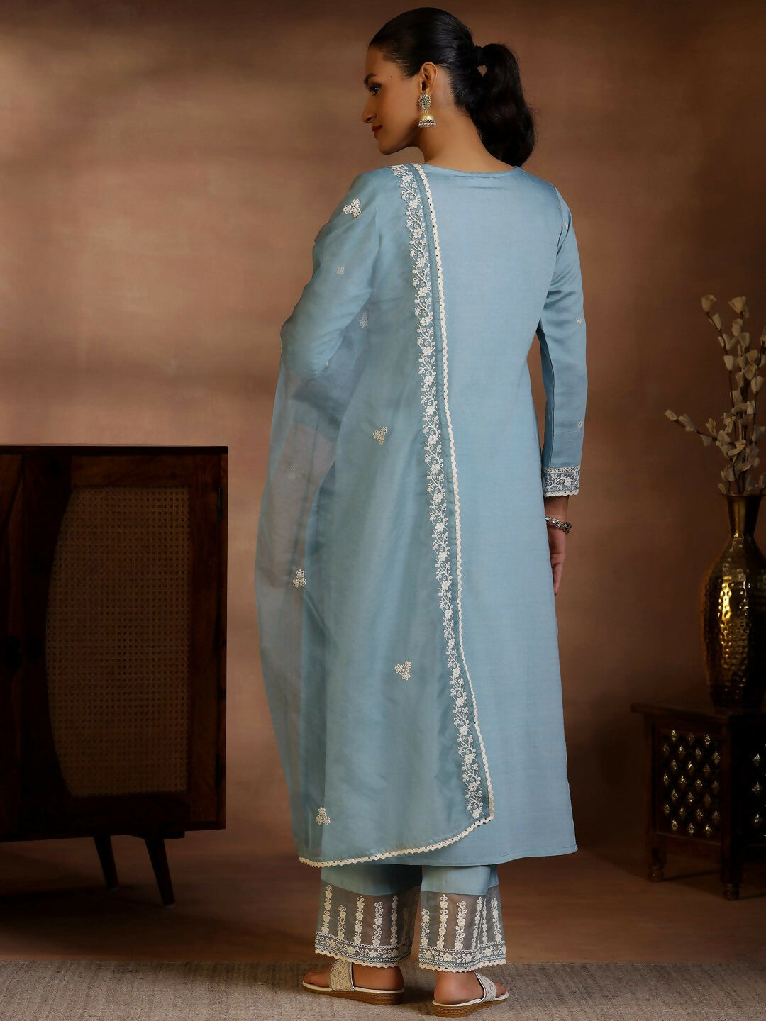 Women's LB Blue Yoke Design Silk Blend Straight Suit With Dupatta