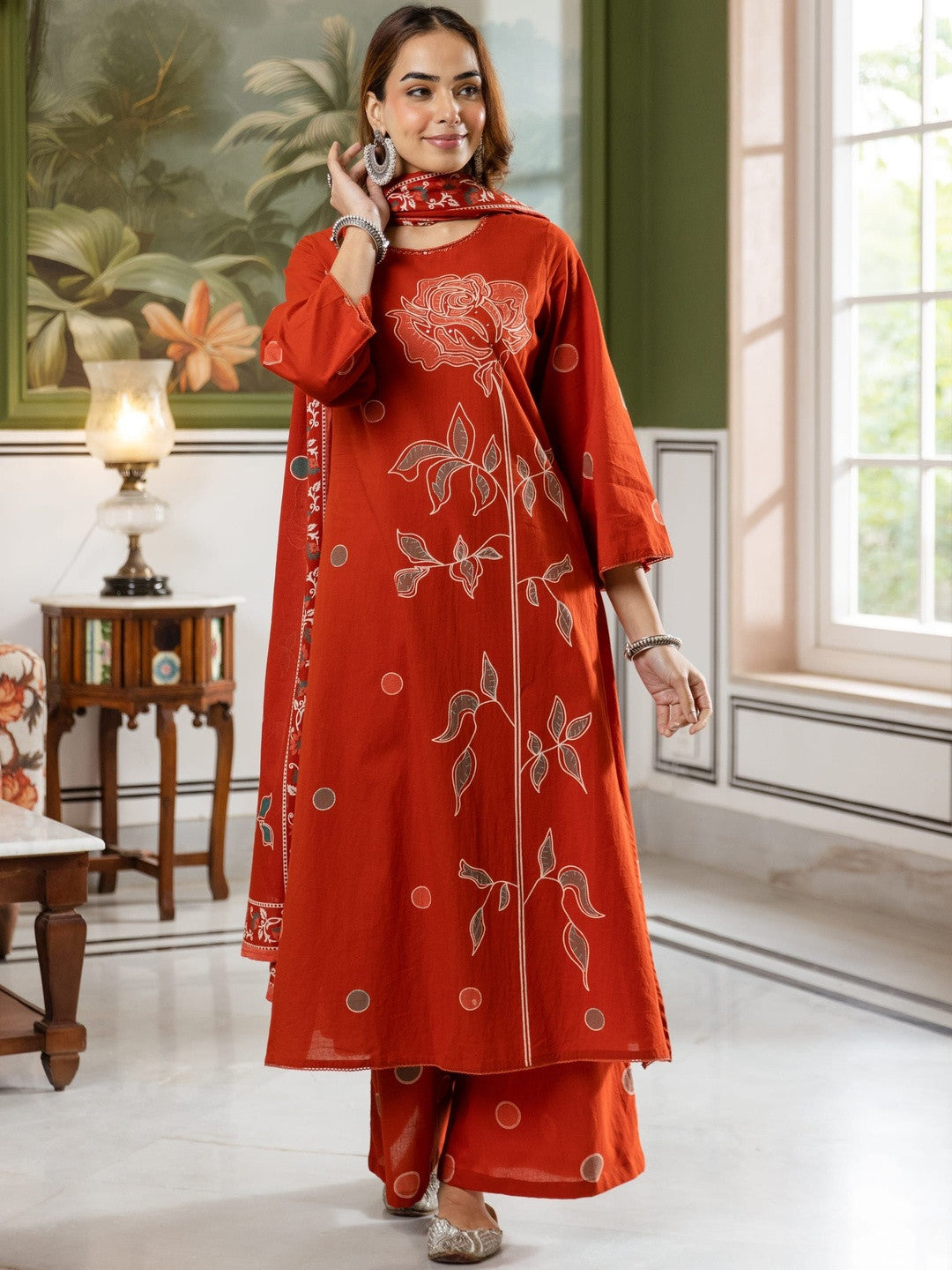 Printed Pure Cotton Straight Kurta With Palazzo & Dupatta