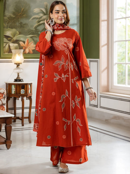 Printed Pure Cotton Straight Kurta With Palazzo & Dupatta