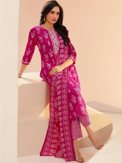 Rani Pink Floral Printed Cotton Blend Straight Suit Set