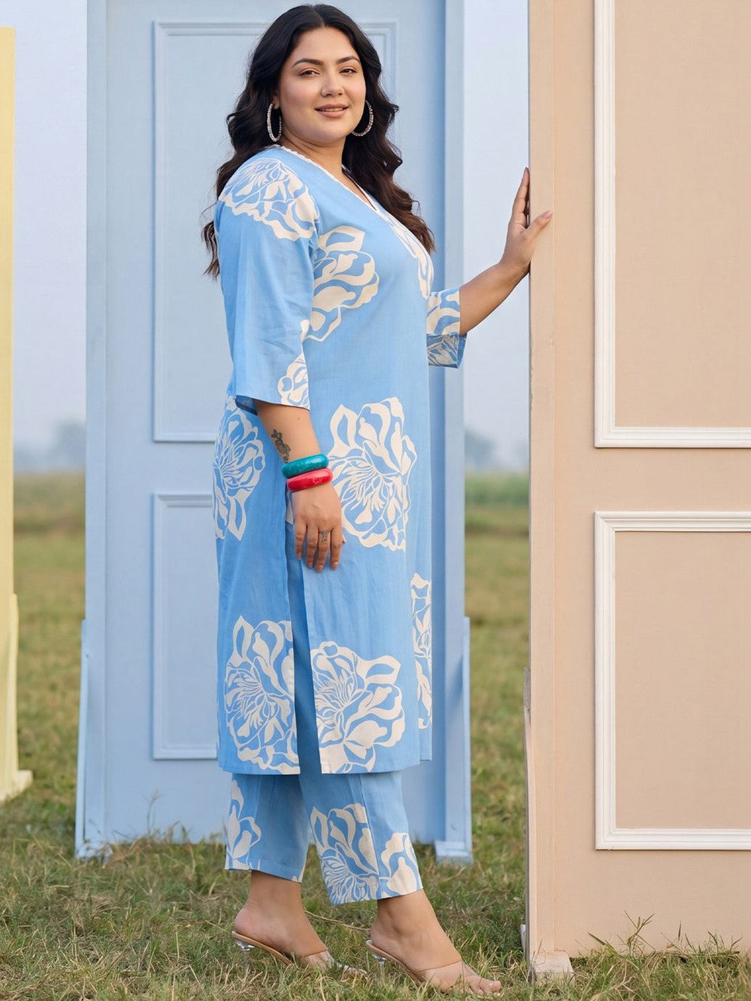 Plus Size Blue Printed Straight Kurta Trousers Set