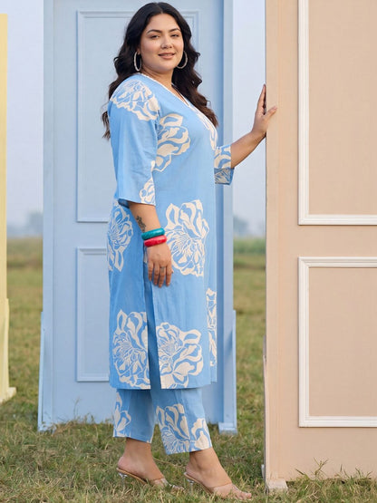 Plus Size Blue Printed Straight Kurta Trousers Set