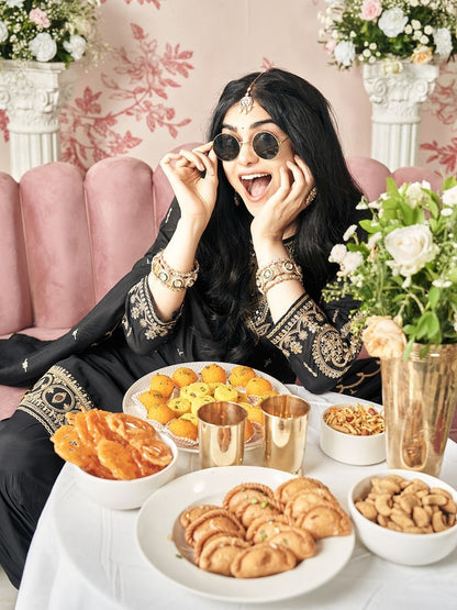 Dhiyona CH Floral Embroidered Straight Sequinned Kurta With Dhoti Pants & Dupatta