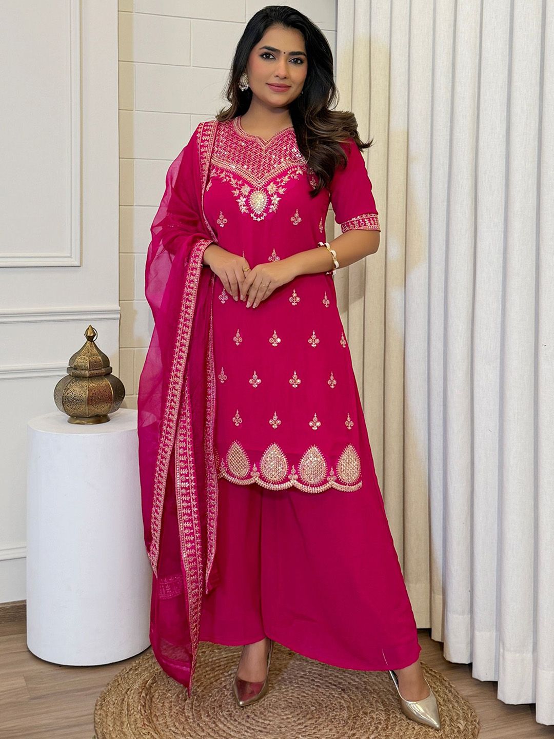 Dhiyona KL Women Floal Embroidered Regular Sequined Kurta With Sharara & Dupatta