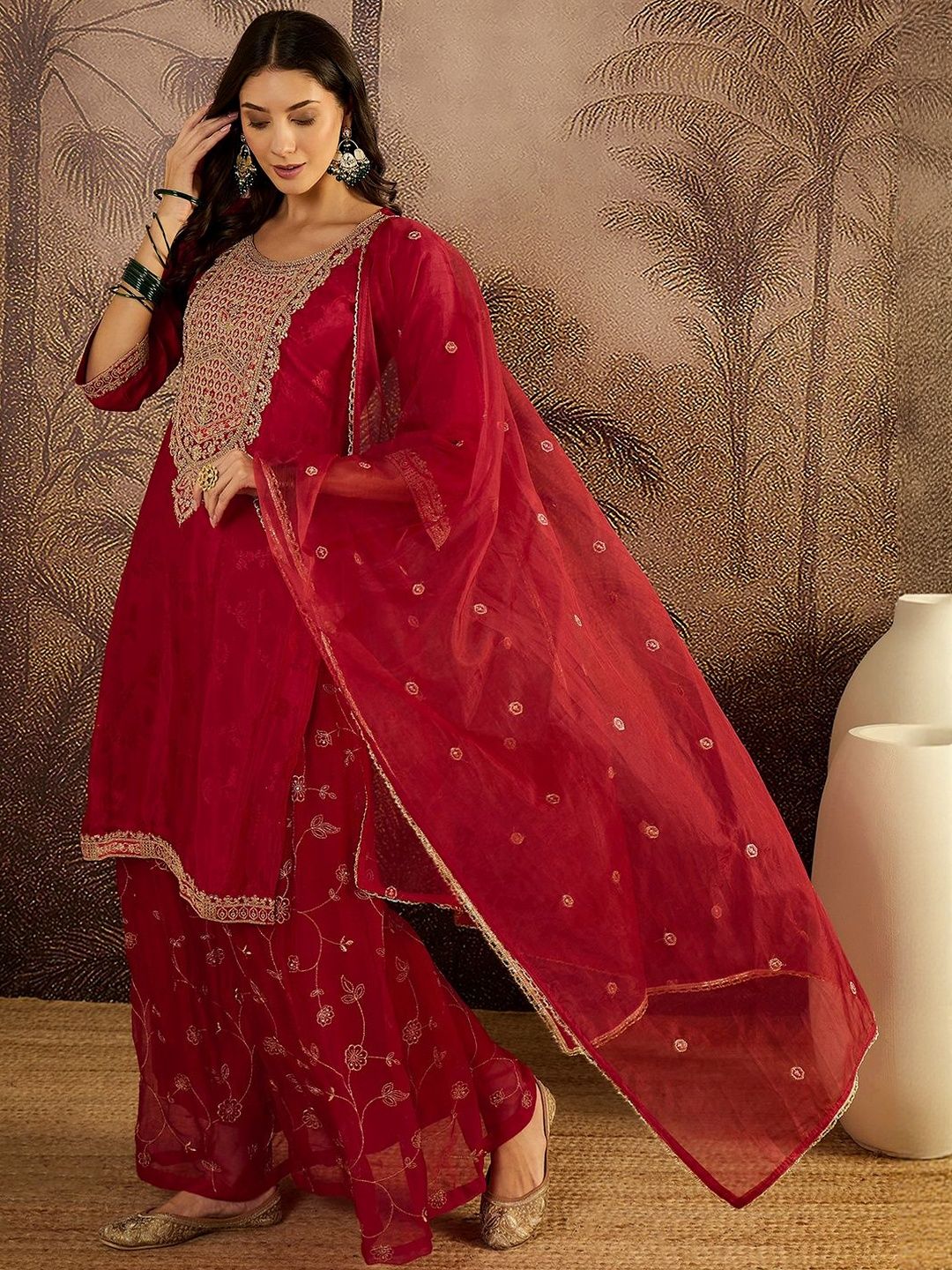 Dhiyona SN Women Ethnic Motifs Embroidered Knee Length Regular Kurta with Sharara & Dupatta